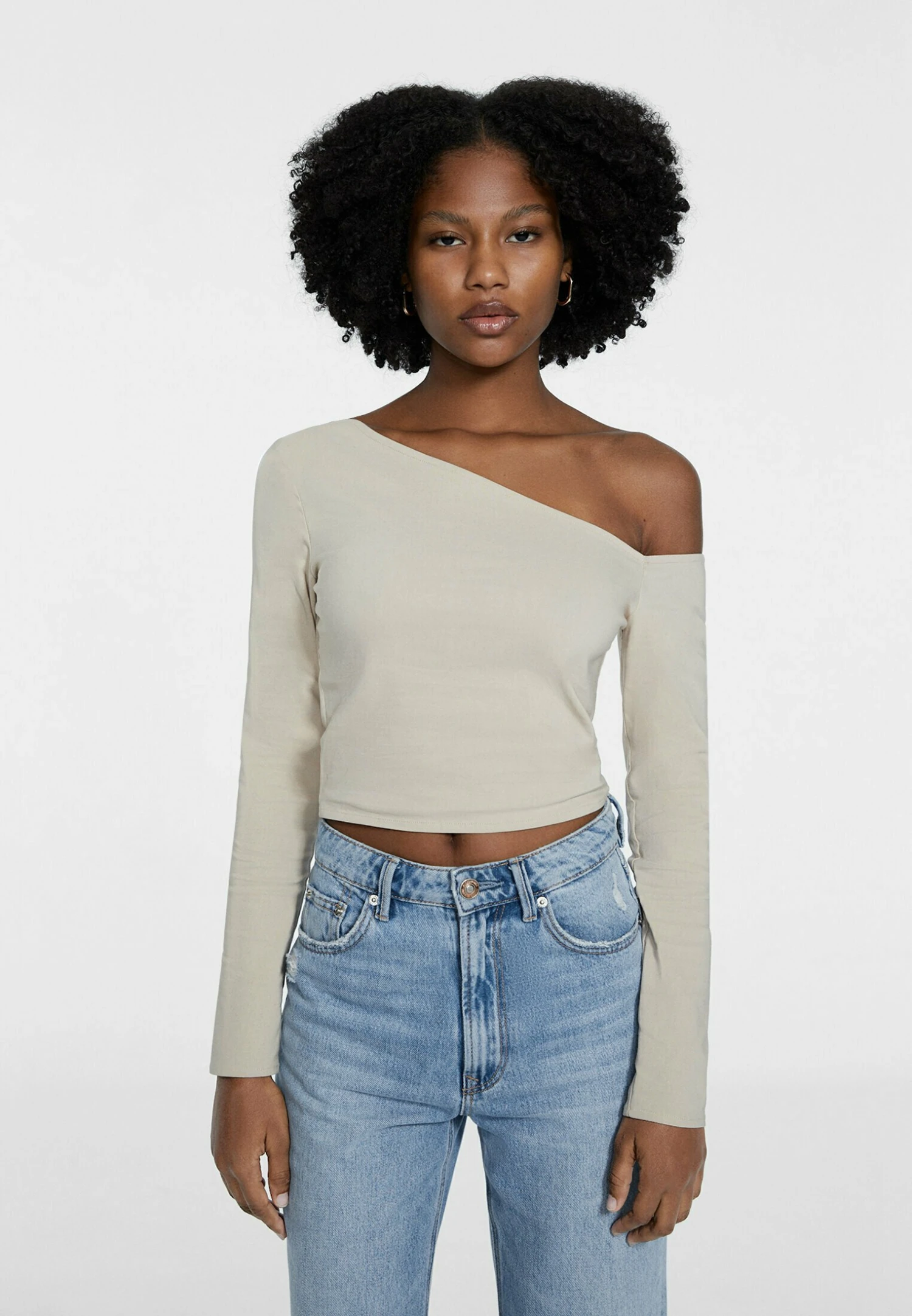 Stradivarius Long Sleeve With Asymmetric Neckline - T-Shirt Ă Manches Longues - Stone