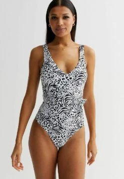 New Look Animal Print Plunging Wide Belt - Maillot De Bain - White Pattern