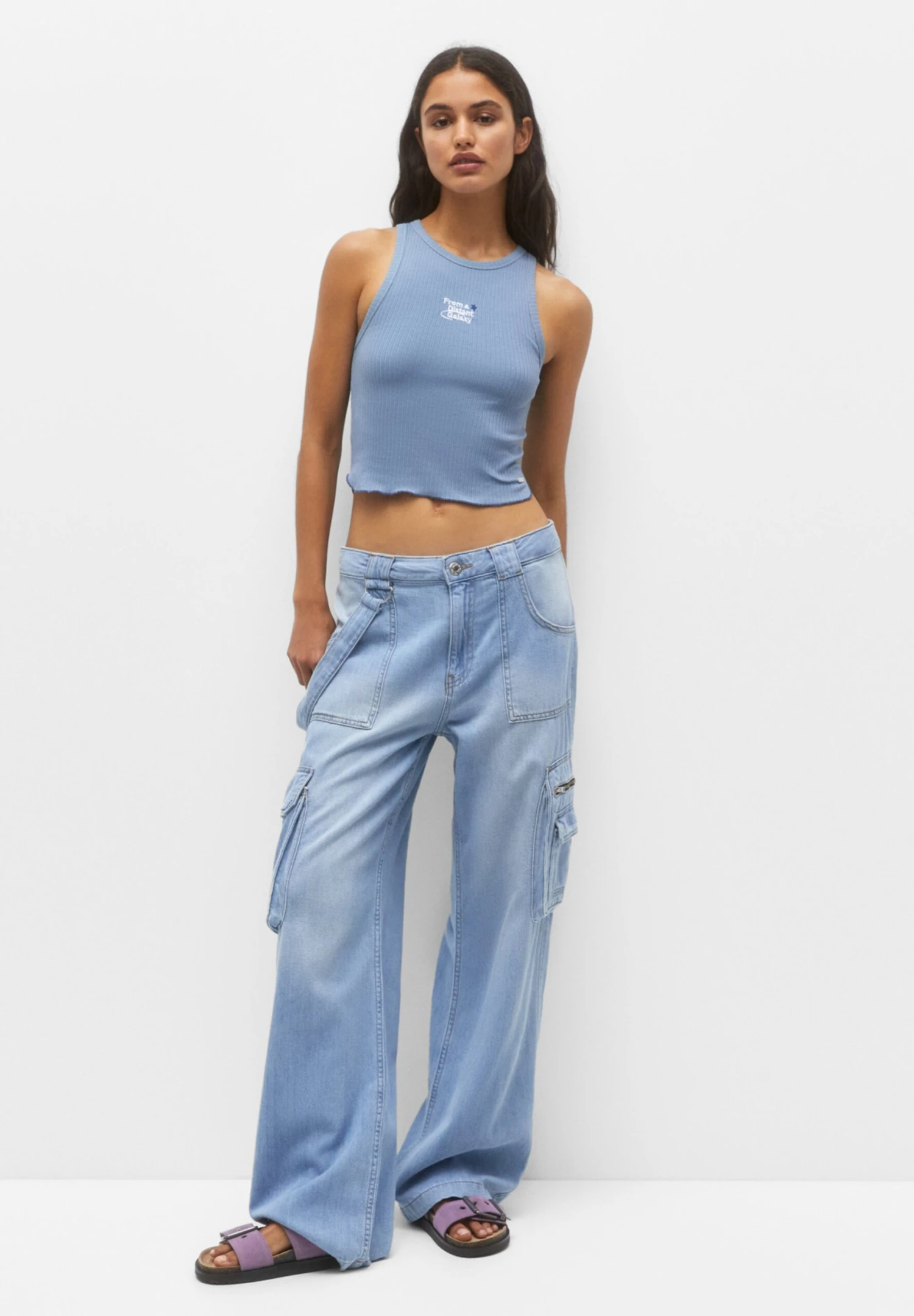 PULL & BEAR Ribbed Tank With Embroidered Slogan - Débardeur - Blue – Image 2