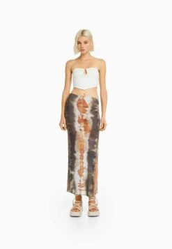 BERSHKA Tie Dye - Jupe Longue - Dark Brown