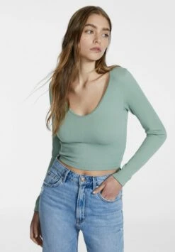 Stradivarius Nahtloses Mit V-Ausschnitt - T-Shirt À Manches Longues - Neon Green